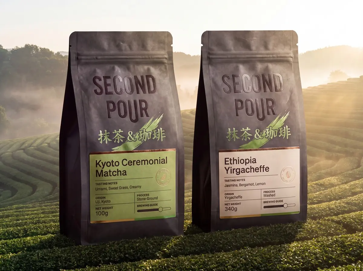 Both bags standing in rows of green tea at sunrise